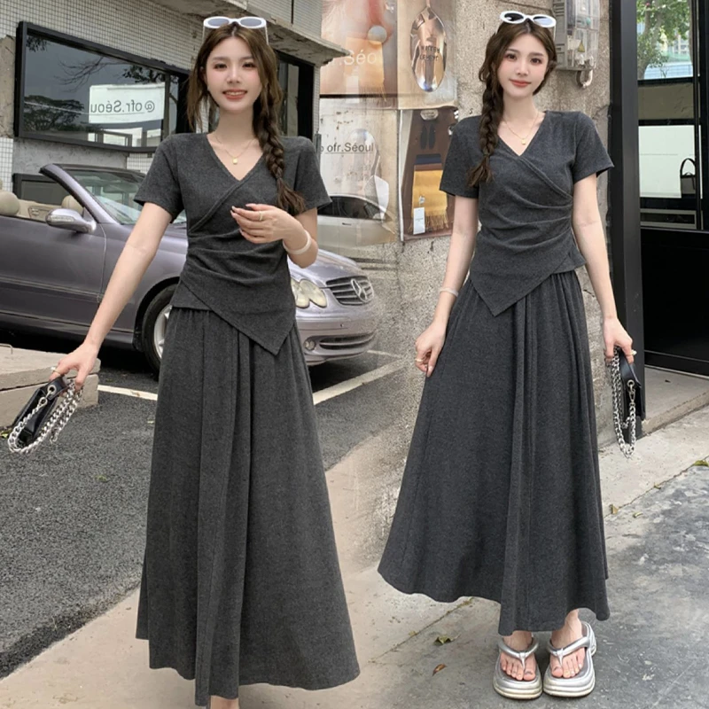 {十一 舒适区套装 }夏季薄款修身显瘦短袖不规则上衣半身裙两件套