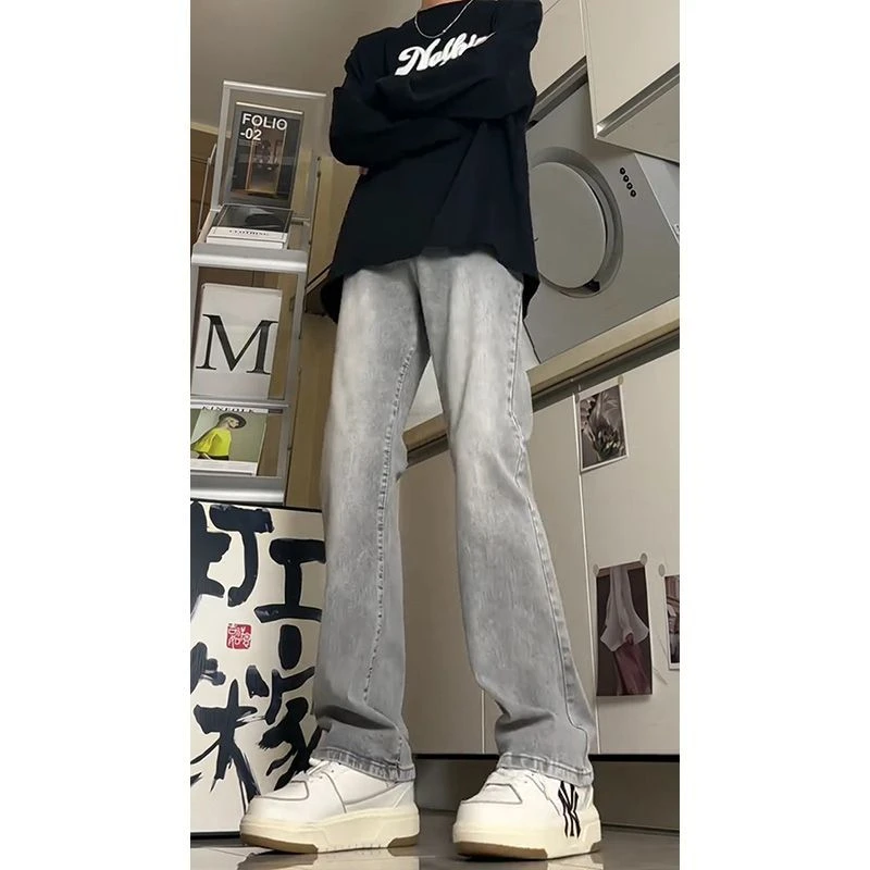 美式复古显高显瘦窄版修身烟灰牛仔裤男高个子加长春秋款烟管裤子