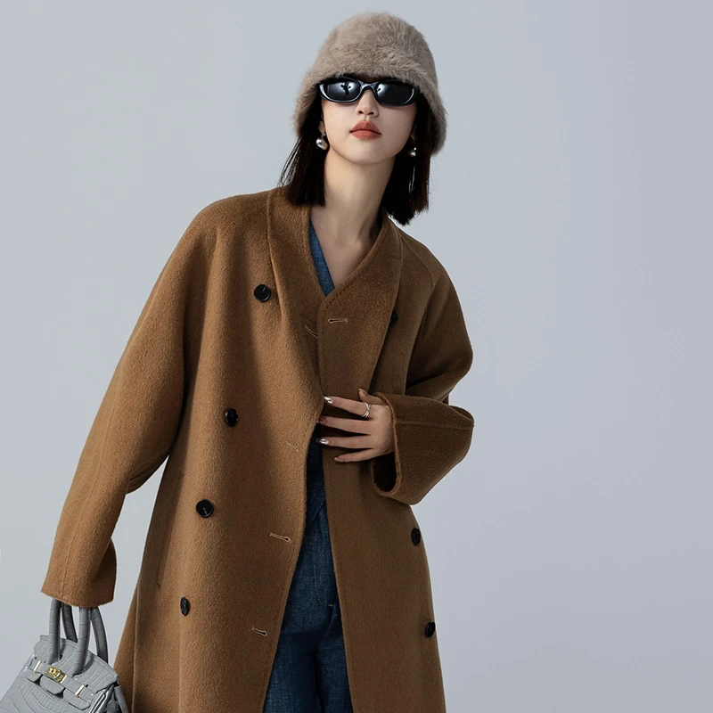 高定骆驼绒2023年秋冬新款韩版宽松大衣中长款毛呢外套保暖小个子