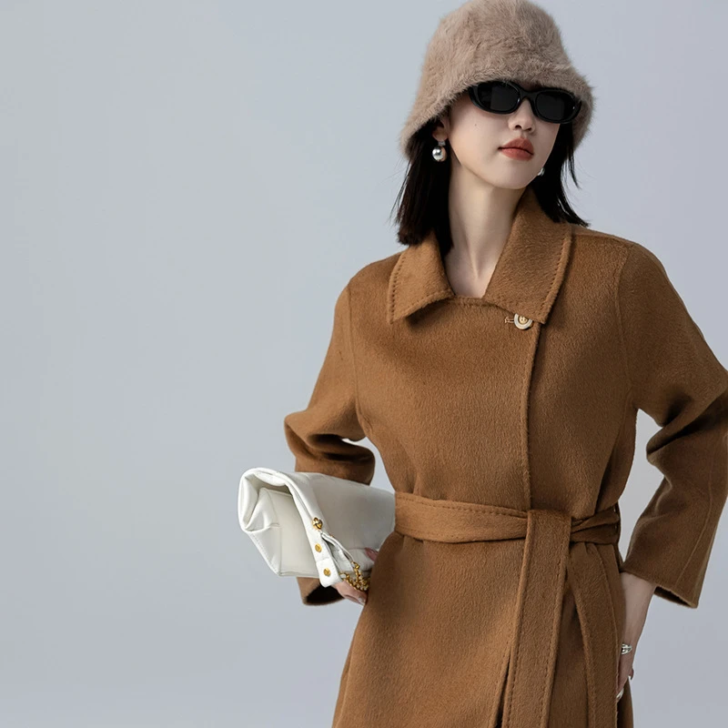 阿拉善骆驼绒大衣女M家秋冬高端双面时尚大衣宽松长款毛呢外套