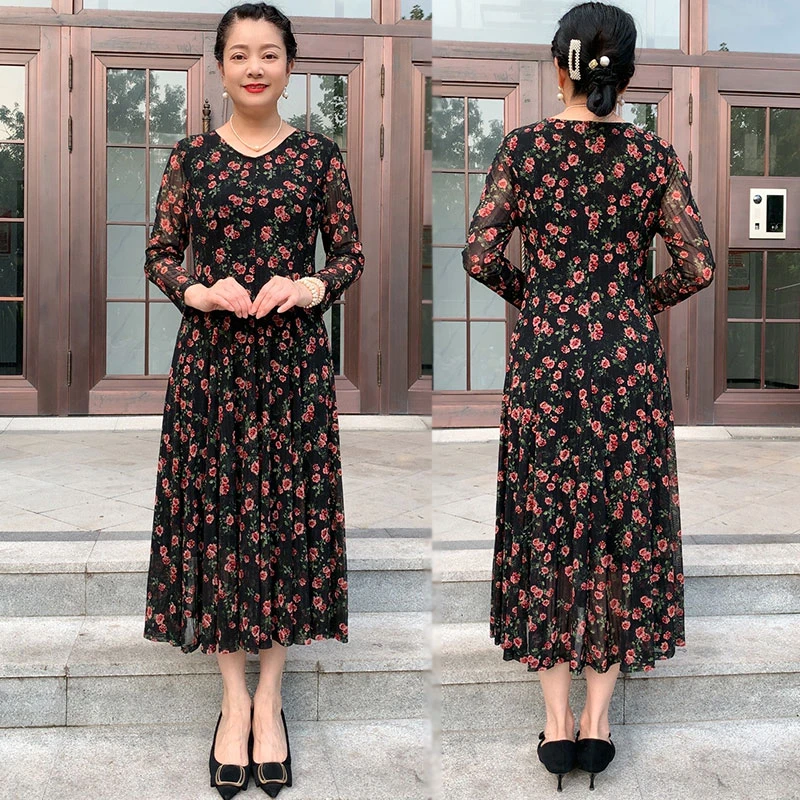 春季新款长袖显瘦V领过膝气质女装时尚印花遮肚妈妈装大摆长裙