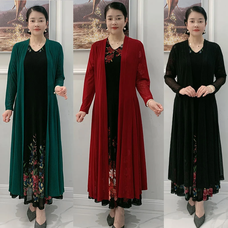 薄款开衫中年显瘦宽松女装休闲长袖中长款过膝大码气质纯色妈妈装