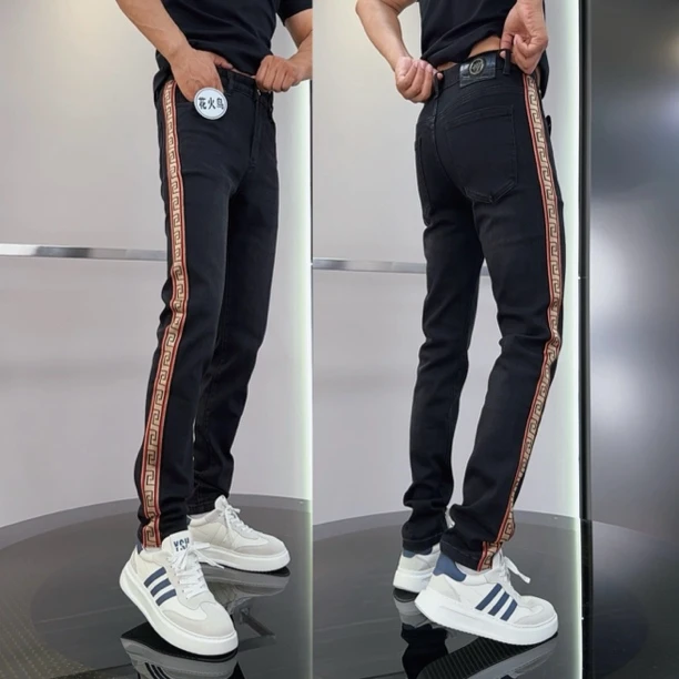 秋季新品1织带男士修身显瘦潮流牛仔裤透气韩版5827