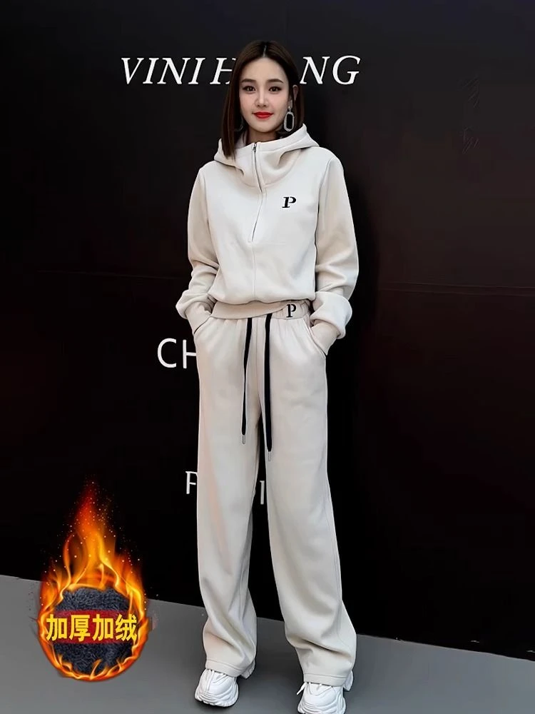 欧货加绒运动套装女秋冬新款时尚洋气半拉链连帽卫衣两件套女#291