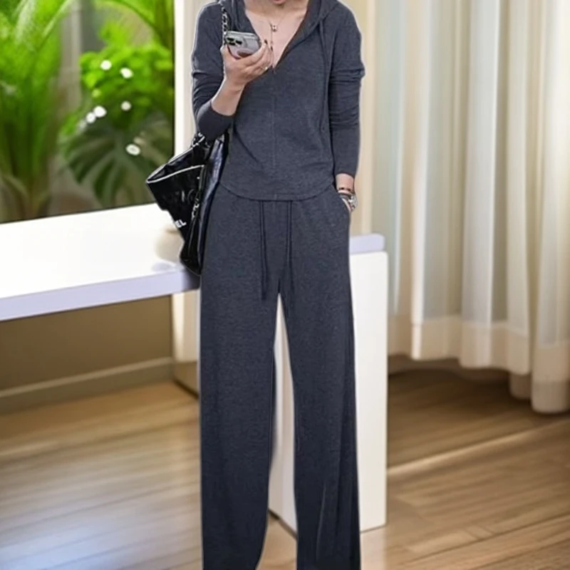 2024秋冬修身显瘦减龄时髦休闲连帽上衣阔腿裤运动服两件套女#283