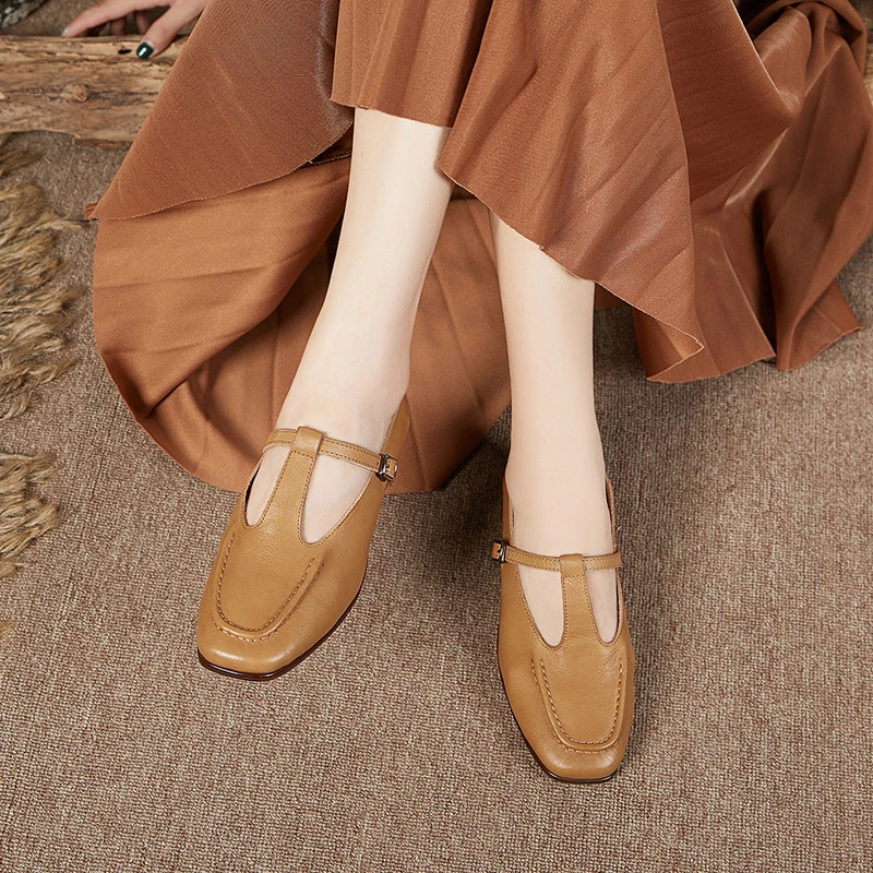真皮复古低跟丁字法式玛丽珍鞋新款舒适皮鞋方头粗跟扣带单鞋女