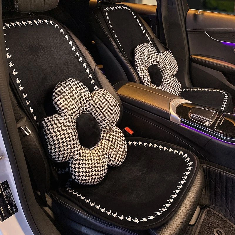新款四季通用汽车坐垫四季棉麻座垫千鸟格小香风四季通用网红女车