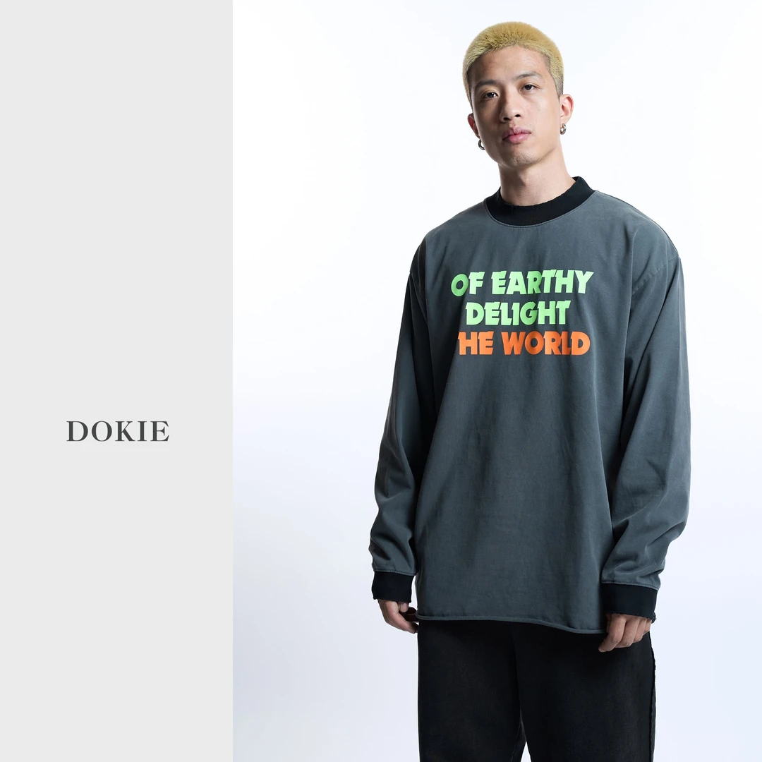 【3252】水洗高街下摆刀割重磅男士纯棉圆领宽松长袖秋美式印花T恤