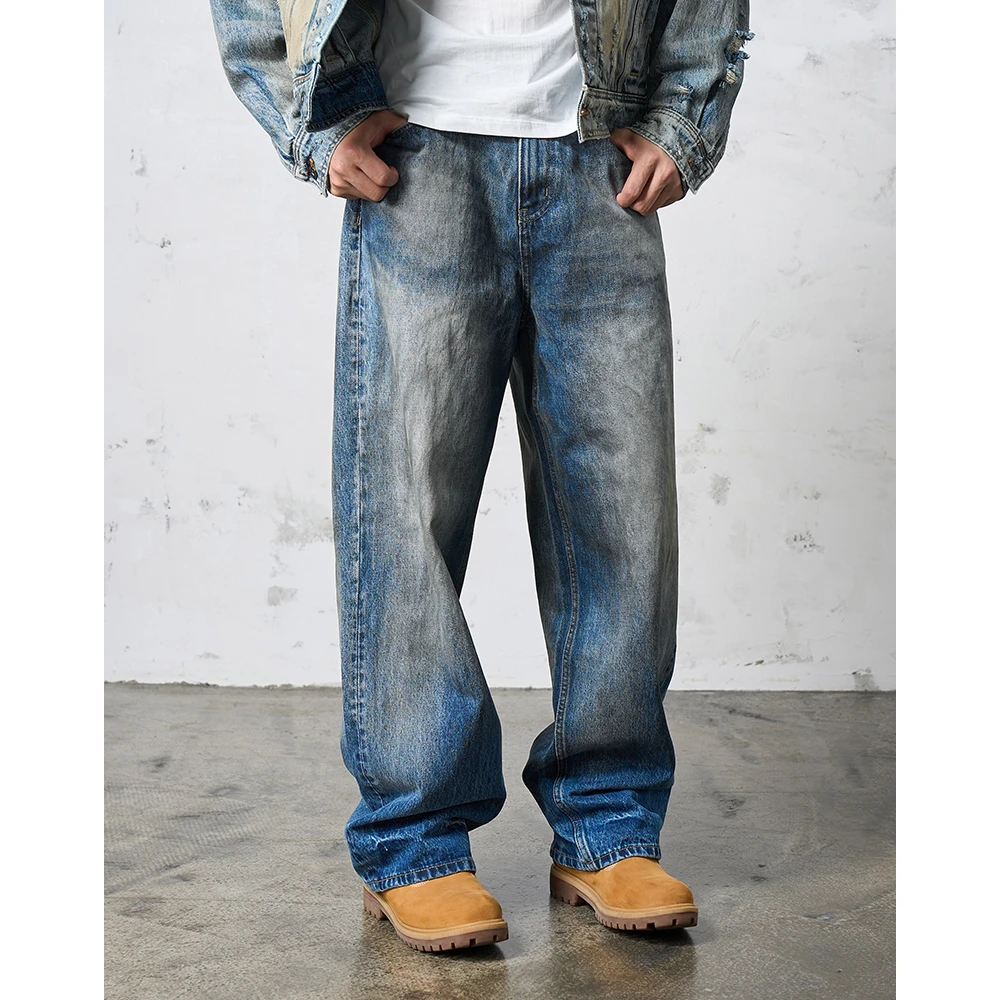 DOKIE【32006】14盎司水洗做旧复古蓝色直筒宽松潮流牛仔裤时尚