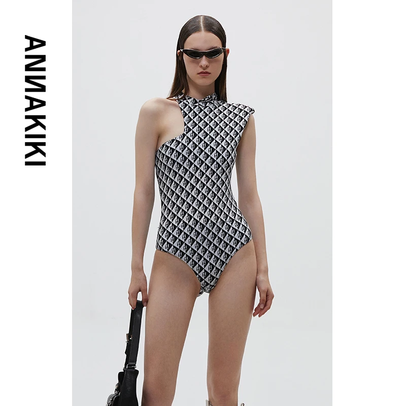 ANNAKIKI 不对称LOGO印花连体衣 3B20203483A