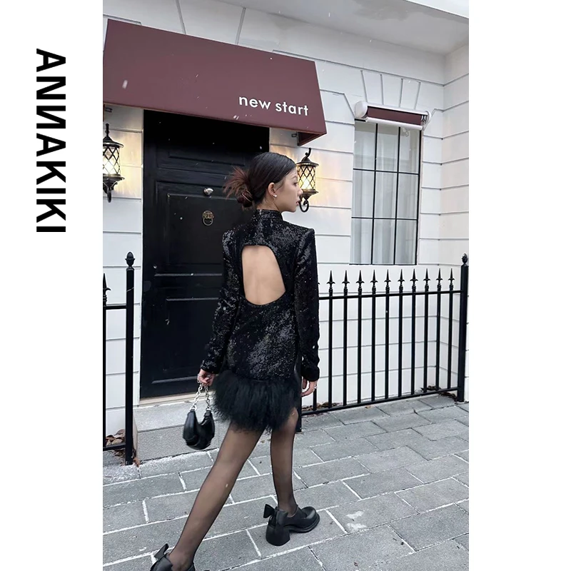 【AUNISEX专属】流星镂空珠片漏背毛边连衣裙3C4A0828H697