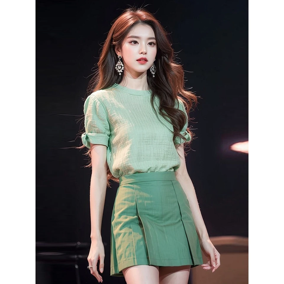 洋气减龄气质时尚小个子搭配一整套薄荷漫波风绿色衬衫短裙套装夏