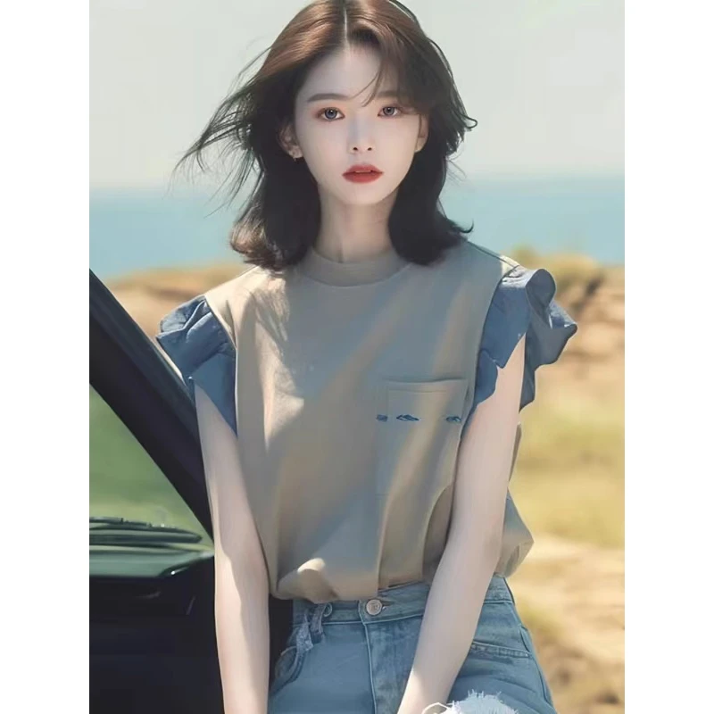 夏季新款独特别致甜辣妹多巴胺穿搭上衣设计感撞色小飞短袖t恤女