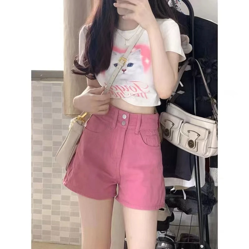 夏季韩版两件套ins小个子修身显瘦T恤+百搭A字高腰阔腿牛仔短裤女