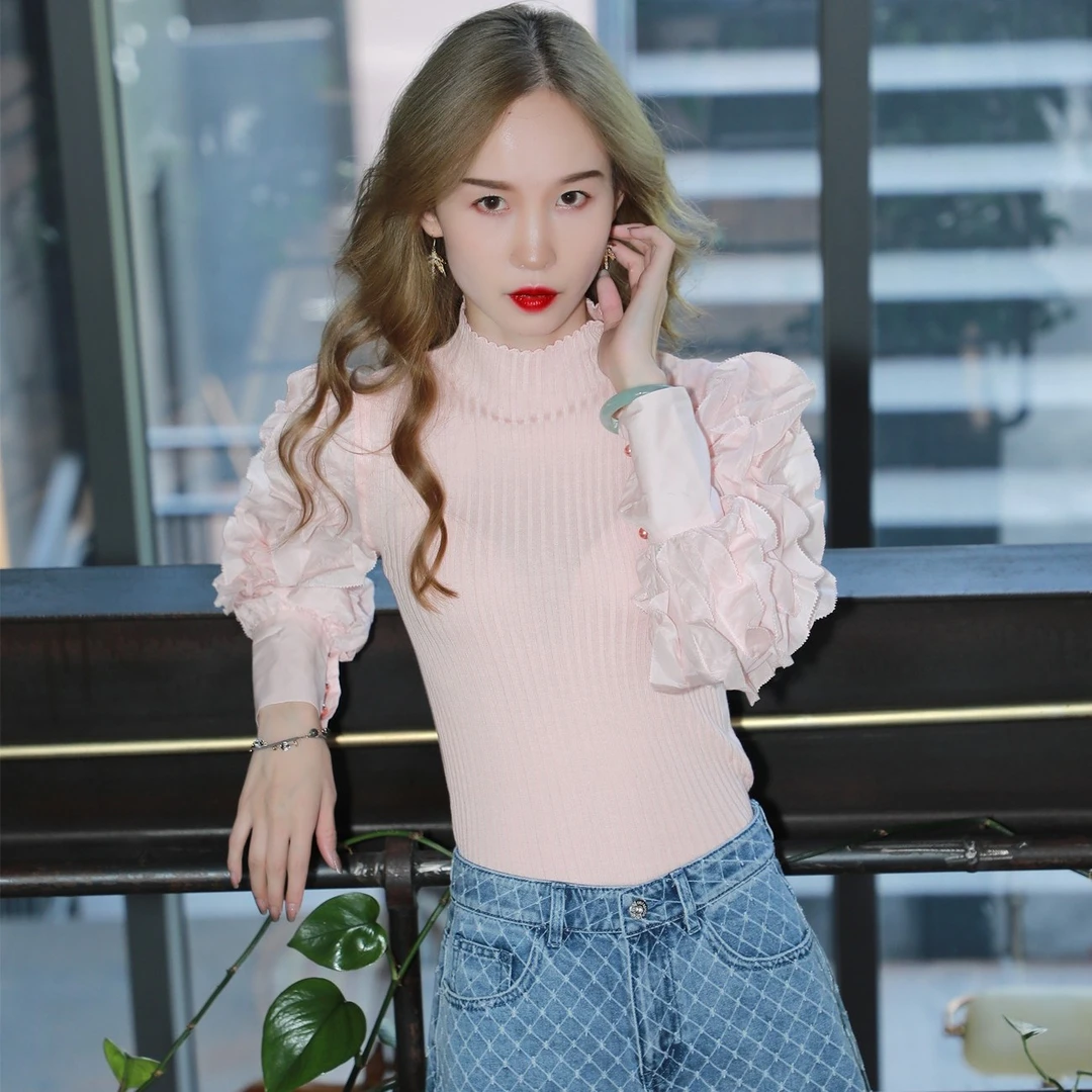 21秋季时尚泡泡袖修身百搭高级感毛针织衫1213173029￥1399