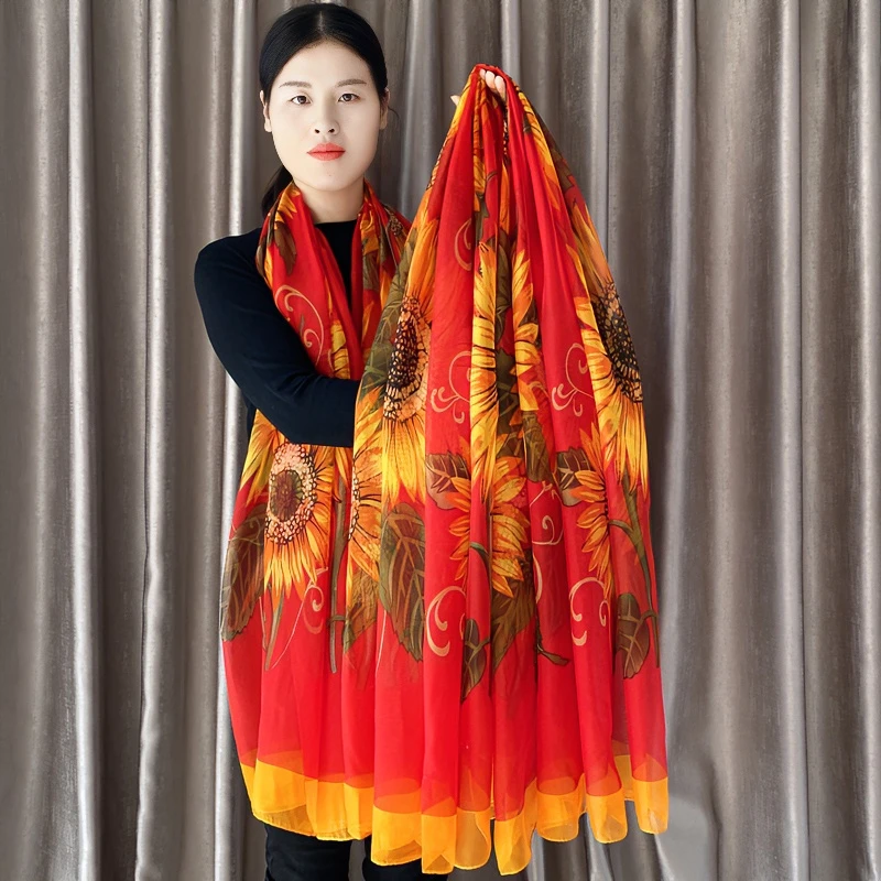 百搭红色向日葵优柔纱丝巾女主播洋气春夏大纱巾长款丝巾披肩围巾