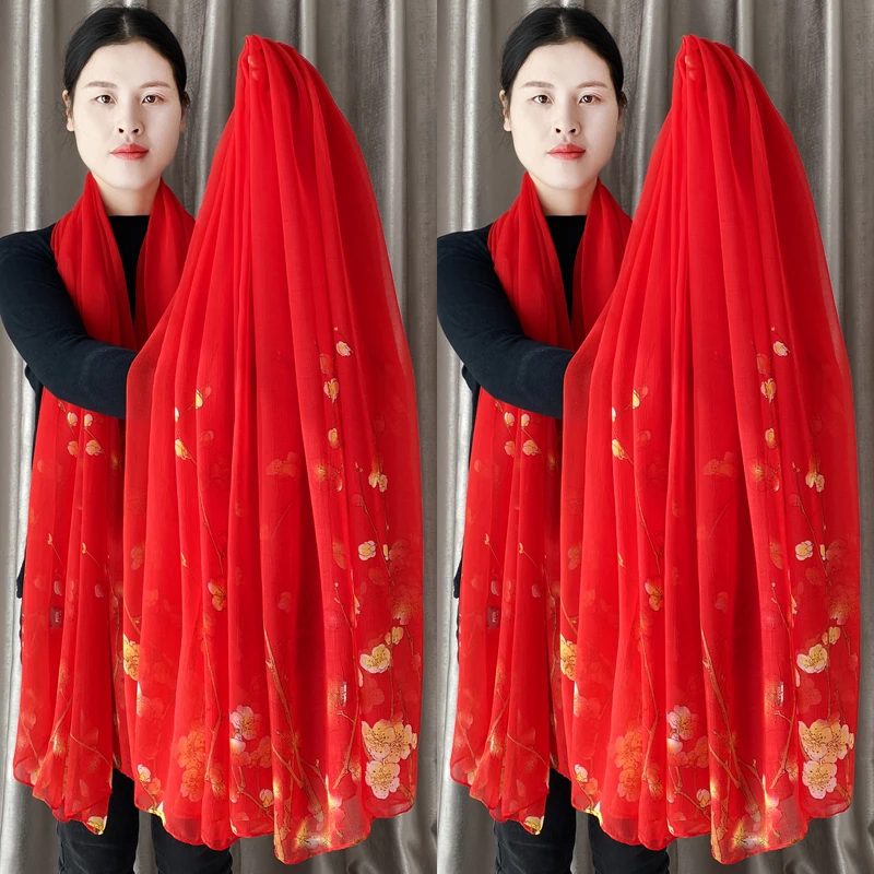 一支红梅大红色丝巾高档百搭气质喜婆婆围巾中国红秋冬季洋气披肩