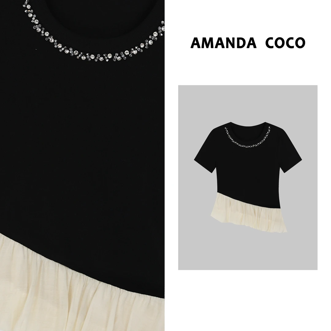 COCO  |  设计师款~高定串钻拼接气质短袖T恤