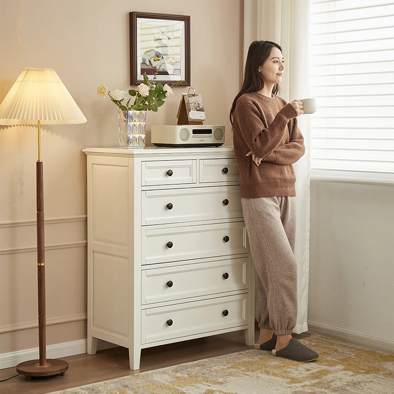 谷珀美式实木黑胡桃木六斗柜储物收纳柜卧室抽屉柜现代简美奶白色