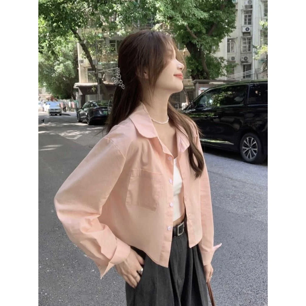 粉色短款衬衫女小个子2024新款洋气长袖衬衣开衫外搭薄款外套上衣