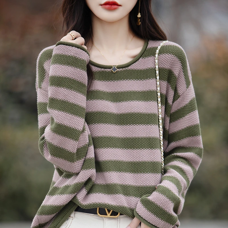 春秋款棉麻长袖T恤韩版宽松显瘦条纹上衣时尚百搭针织打底衫卫衣