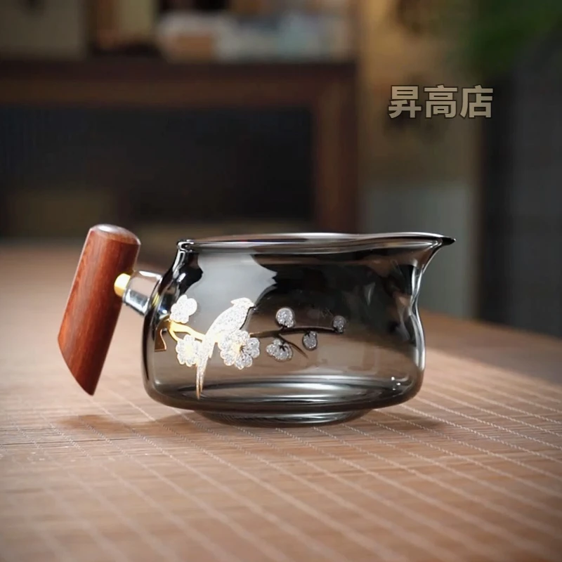 耐高温玻璃公道杯烟灰色实木把手鹰嘴分茶器公杯茶道杯喜上眉梢杯