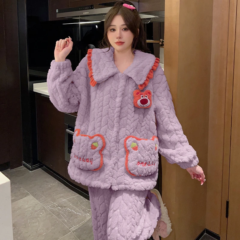 加绒加厚珊瑚绒大码睡衣女冬季加绒保暖家居服甜美可爱宽松可外穿