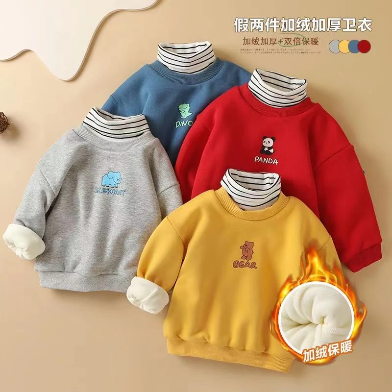 婴儿衣服假两件加绒卫衣男童加厚冬装儿童女童宝宝秋冬保暖打底衣