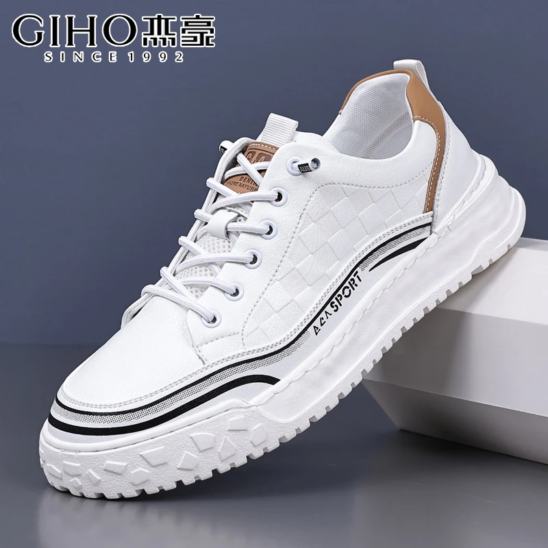 GIHO/杰豪2025春季新款真皮透气运动休闲鞋时尚潮流软底百搭板鞋