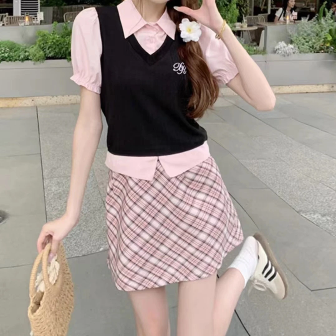 微胖定制学院风套装女大码胖mm假两件衬衫+半身裙两件套夏季