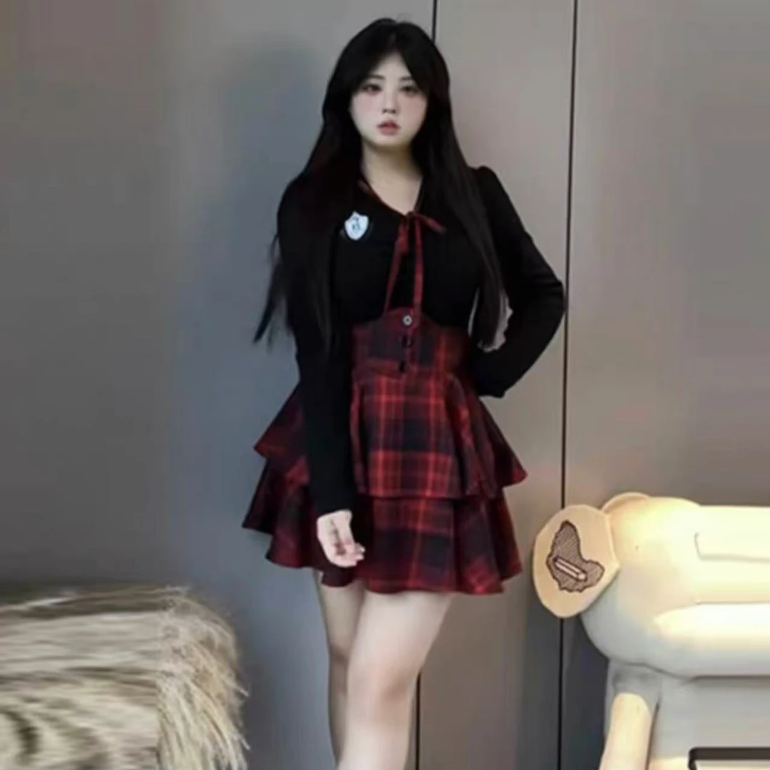 大码韩系学院风套装秋冬胖mm收腰修身衬衫+格纹高腰半身裙两件套