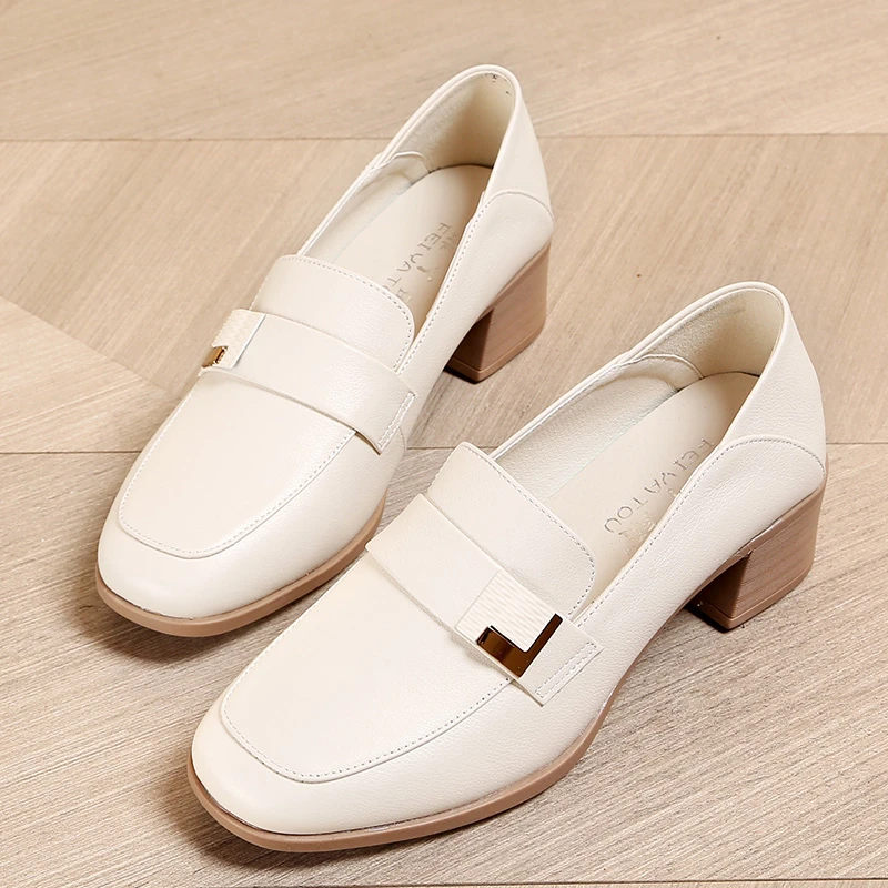 935春秋时尚女鞋头层牛皮小皮鞋真皮中跟皮鞋单鞋粗跟