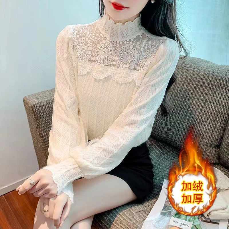 加绒时尚蕾丝打底衫女秋冬装新款时髦洋气漂亮小衫加厚半高领加厚