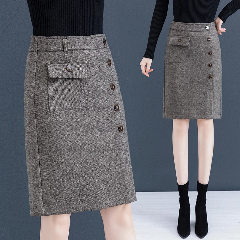 毛呢裙子女中长款2022年秋冬季时尚收腰减龄高腰显瘦半身裙子开叉
