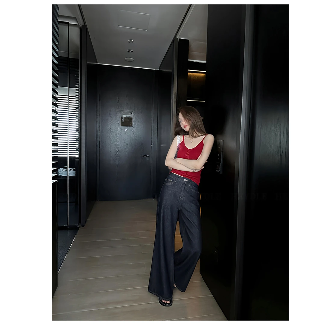 T39【RONZE潮流】原牛美式蓝灰色阔腿牛仔裤女高腰宽松拖地裤子