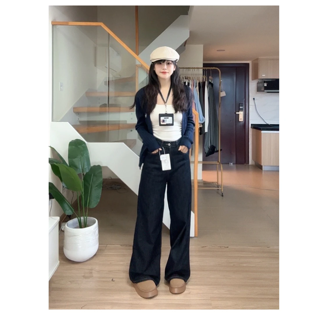 T104【RONZE潮流】美式原宿ins风蓝灰色阔腿牛仔裤女高腰宽松拖地裤