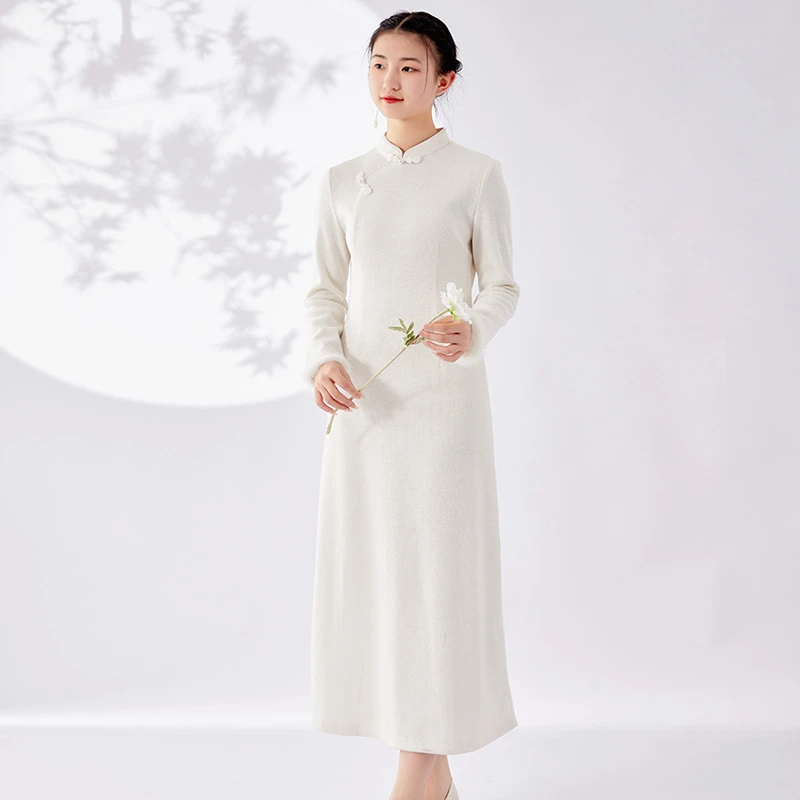 【探花】新中式茶服女改良裙子 奥黛修身长裙日常针织禅服连衣裙