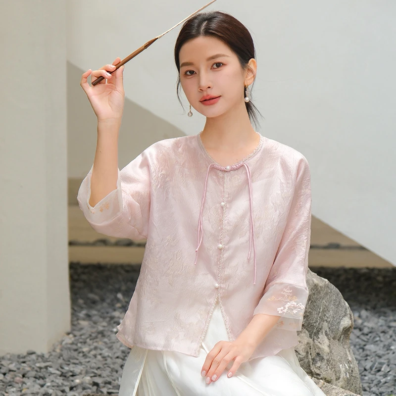 【凝脂】孤品捡漏 重工汉服粉色禅茶服气质外披外套提花上衣两件套