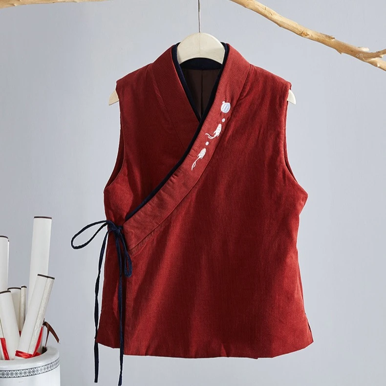 【和琴】新款复古改良汉服马甲 交领大码厚灯芯绒保暖外套加棉马夹