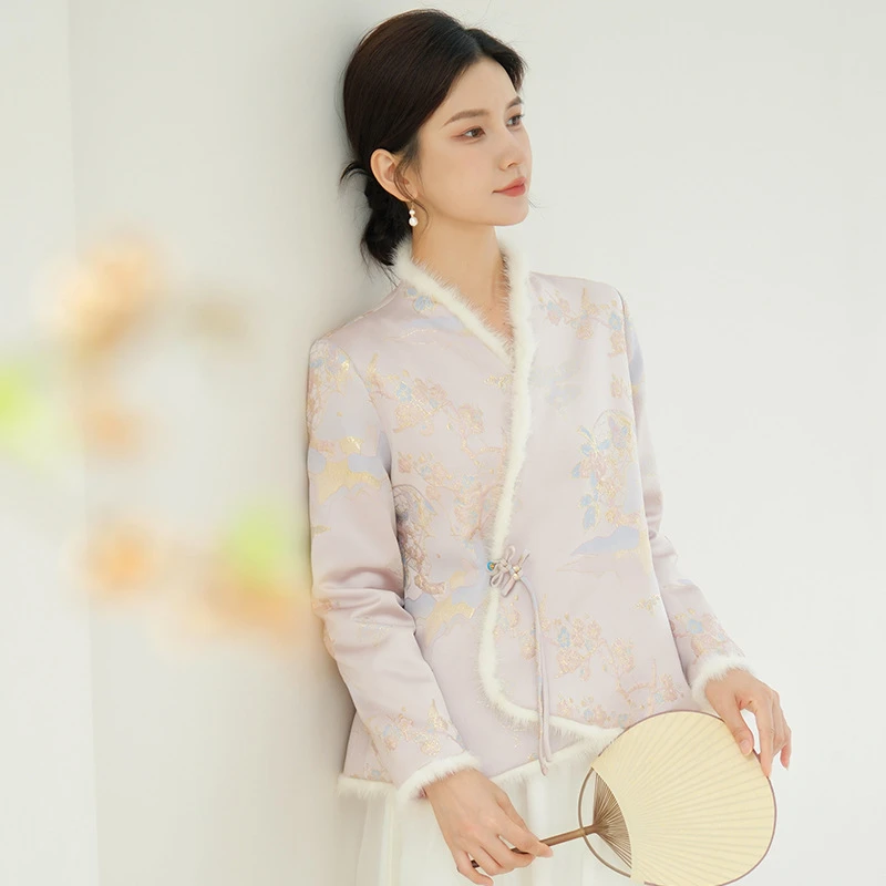 【千花秋】断码孤品 汉服新中式提花交领上衣 气质外搭加厚棉袄外套
