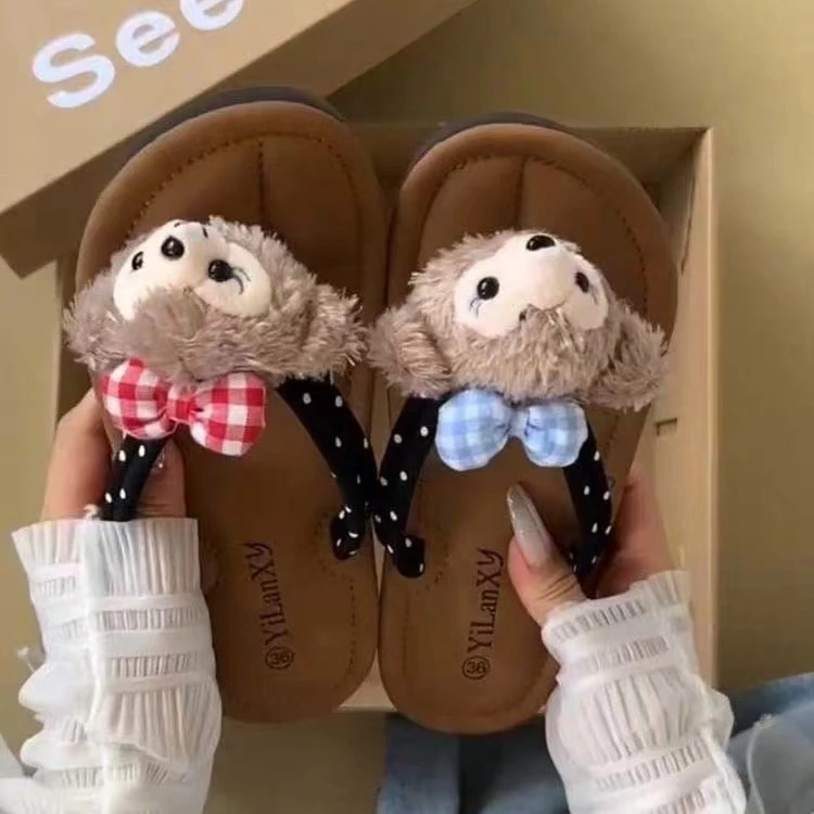 波点卡通可爱人字拖外穿女2025年夏季新款百搭软底沙滩平底拖鞋