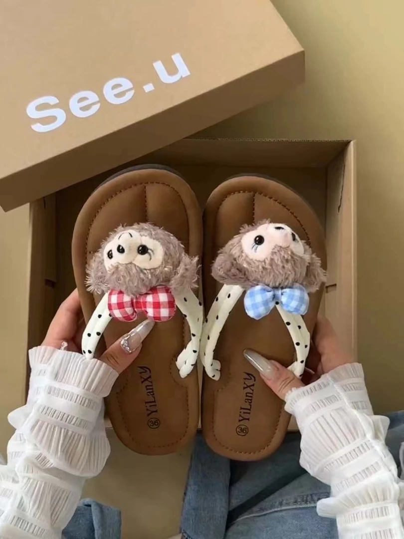波点卡通可爱人字拖外穿女2025年夏季新款软底百搭沙滩平底拖鞋