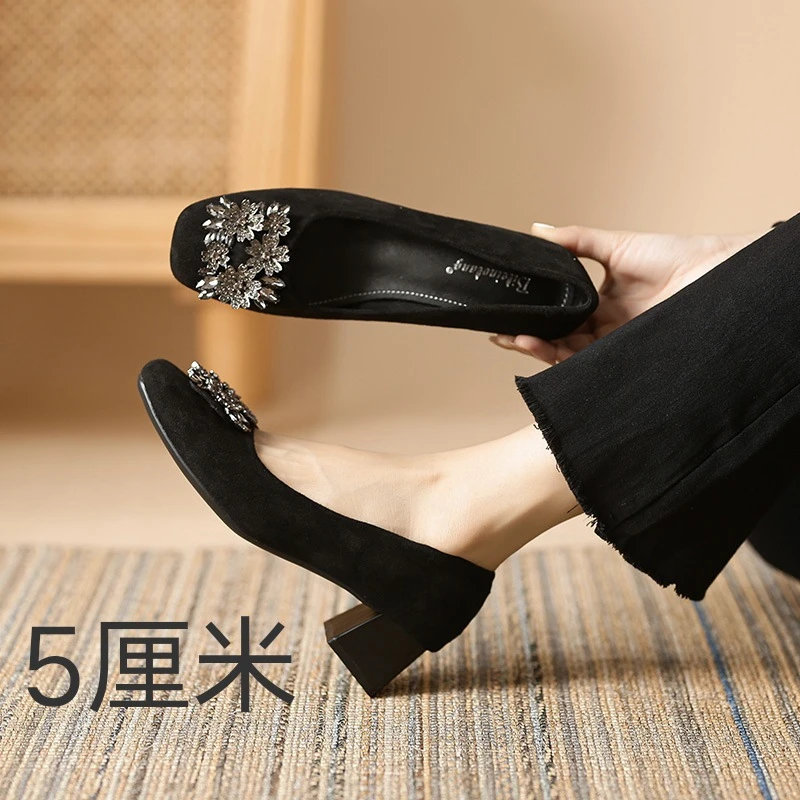 新款春秋夏方头低跟单鞋女通勤女鞋浅口水钻方扣职业粗跟鞋 518-C