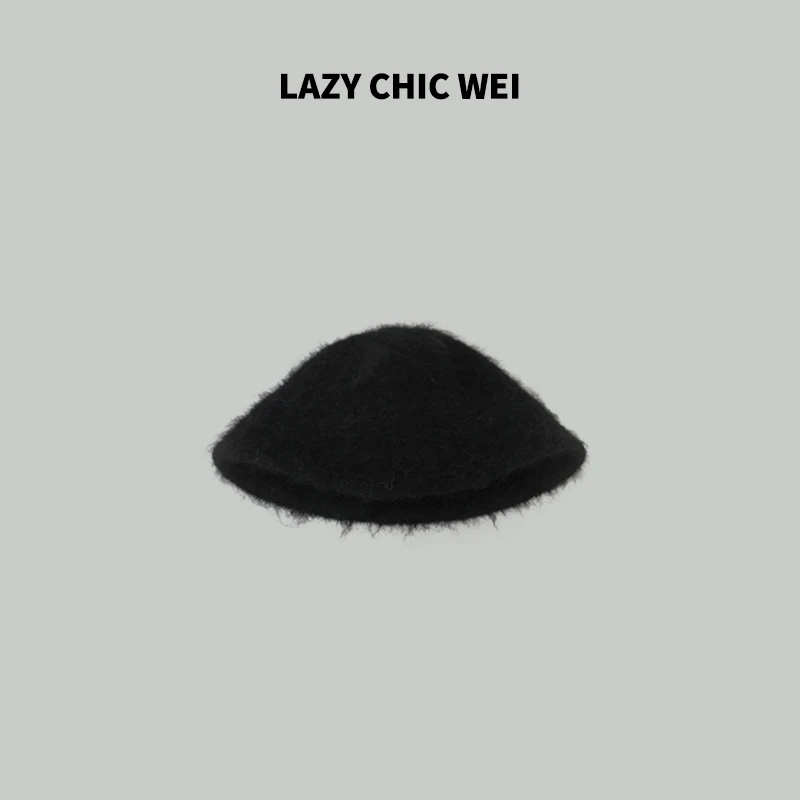 LAZY CHIC WEI 羊驼帽 秋冬时尚百搭黑色毛绒帽子 24AWM6705