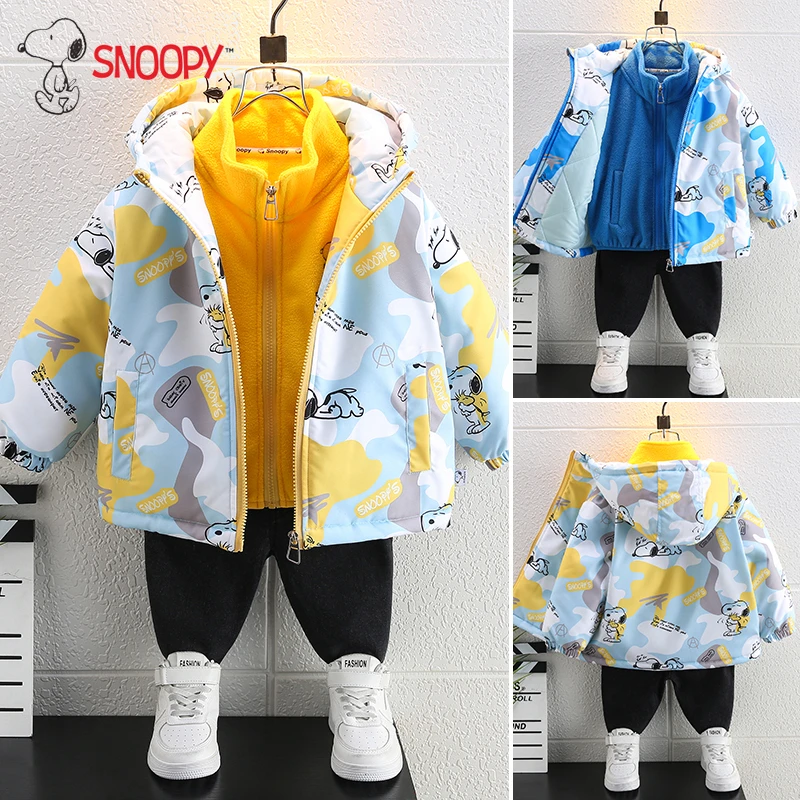 男童史努比冲锋衣儿童加绒大童韩版6-12岁品牌儿童三合一冲锋衣女
