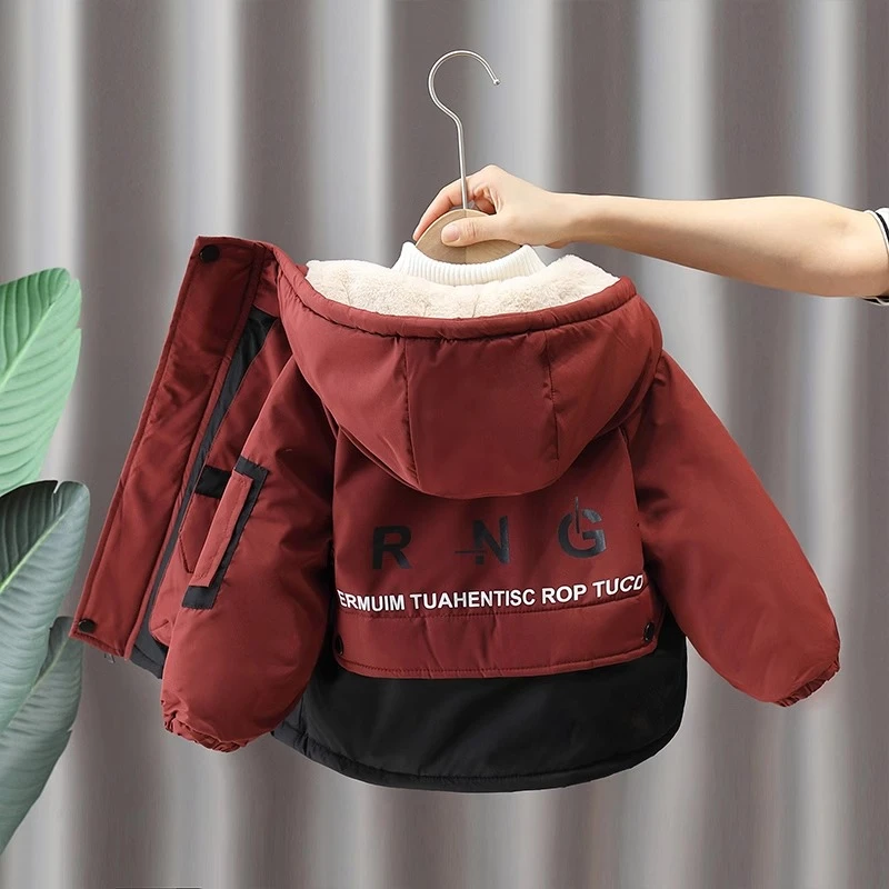 冬季洋气男孩加绒加厚连帽棉服二棉2025新款宝宝冬款百搭棉衣潮