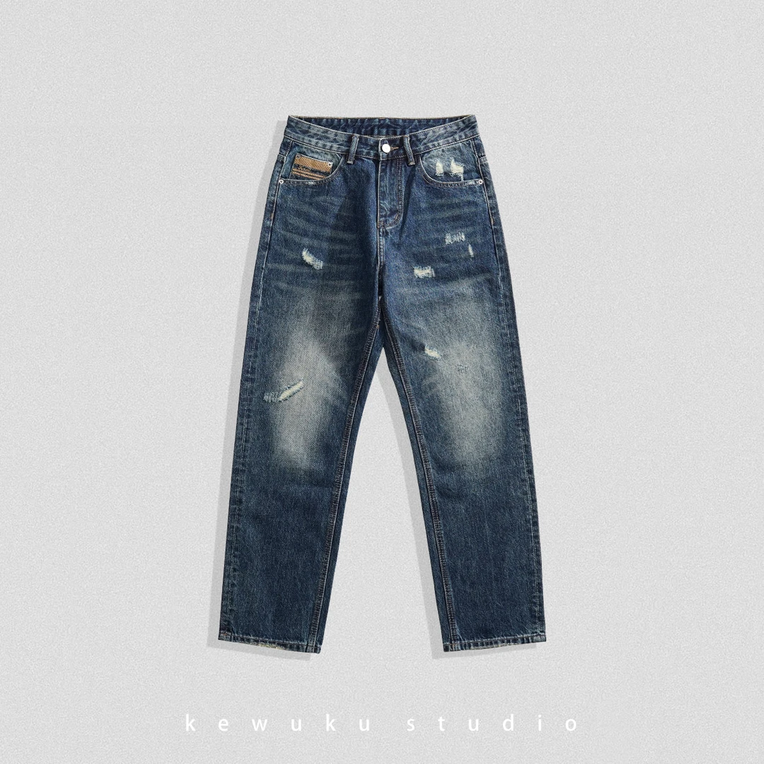 直筒牛仔裤男美式高街宽松破洞乞丐裤复古做旧阔腿春秋新款长裤子