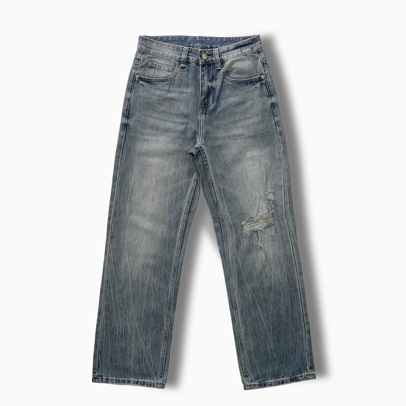 直筒牛仔裤男2024春夏季新款猫须膝盖破洞宽松百搭高街阔腿长裤子