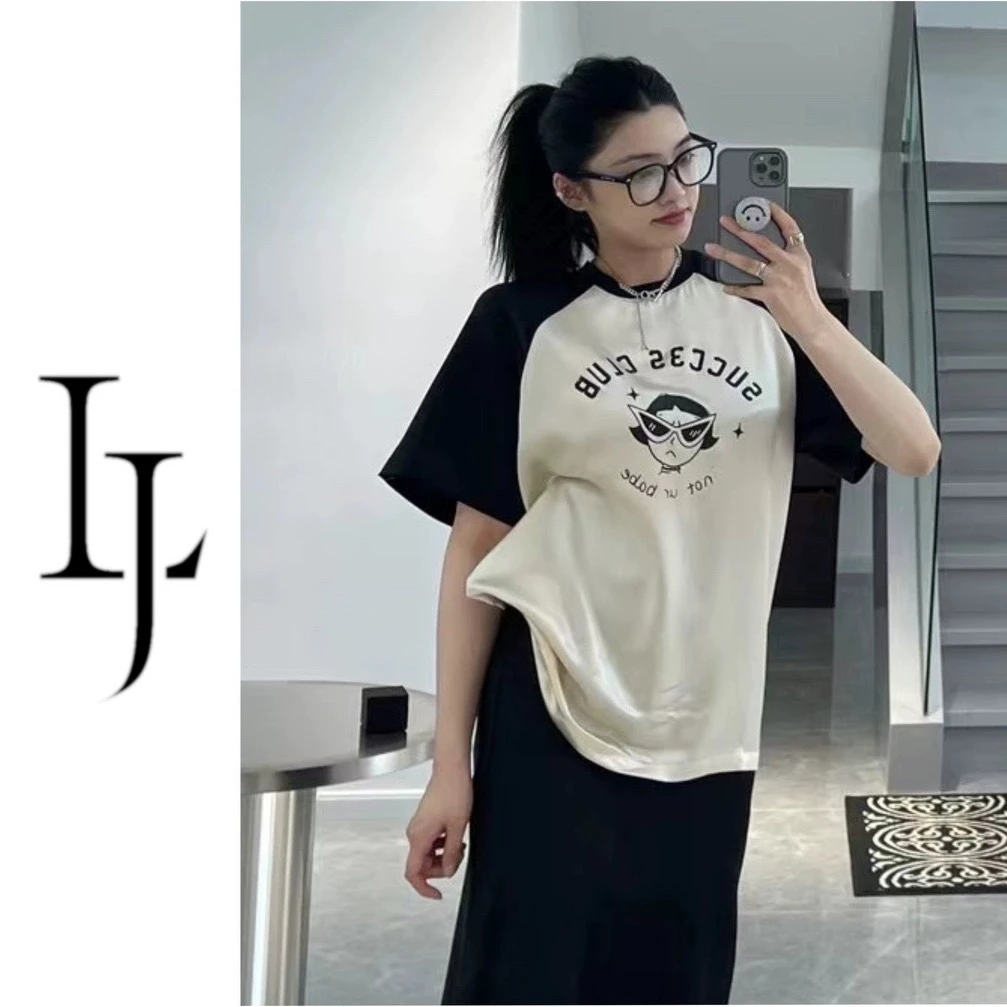 LJ设计师款黑杏拼接卡通童趣字母图案醋酸短袖T恤女上衣夏季新款