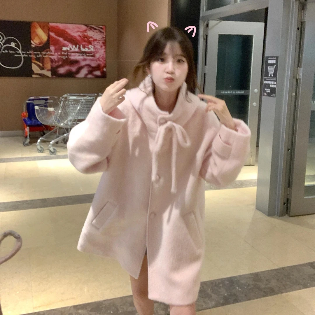 粉色苏黎世毛呢大衣2024年秋冬韩版百搭外套女